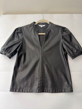 Steve Madden Black Faux Leather Puff Sleeve V-Neck Pullover Blouse Size S